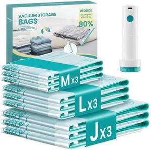 Vacuum Storage Bags, Rechargeable Portable Electric Pump, Space Saver Vacuum Seal Suction Bags for Clothing Travel Bedding Comforters, Reusable, 9 Pack, 3M/3L/3J, Transparent ULVB202W101 Vacuum Storage Bags, Rechargeable Portable Electric Pump, Space Saver Vacuum Seal Suction Bags for Clothing Travel Bedding Comforters, Reusable, 9 Pack, 3M/3L/3J, Transparent ULVB202W101