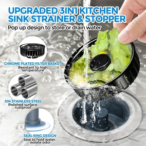 3 in 1 Kitchen Sink Drain Strainer Stopper Removable Basket Pop-Up Kitchen Sink Accessories 1 Pack Brushed Black Stainless - Food Catcher, Odor-Blocking Seal, Fits 3.5" Drain 3 in 1 Kitchen Sink Drain Strainer Stopper Removable Basket Pop-Up Kitchen Sink Accessories 1 Pack Brushed Black Stainless - Food Catcher, Odor-Blocking Seal, Fits 3.5" Drain