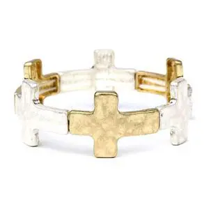 Women's Statement Matte Gold And Silver Tones Hammered Cross Charms Stretch Bangle Bracelet, 6.5" (Hammered Cross 2-tone 20mm) Women's Statement Matte Gold And Silver Tones Hammered Cross Charms Stretch Bangle Bracelet, 6.5" (Hammered Cross 2-tone 20mm)