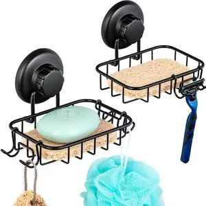 HASKO 2 Pack Suction Cup Soap Dish for Shower Wall, Rustproof Stainless Steel, Shower Soap Holder with Hooks, Includes Optional No Drill Adhesive Mount for Bathroom, 2 Soap Savers, Black HASKO 2 Pack Suction Cup Soap Dish for Shower Wall, Rustproof Stainless Steel, Shower Soap Holder with Hooks, Includes Optional No Drill Adhesive Mount for Bathroom, 2 Soap Savers, Black
