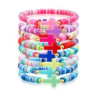 Cross Bracelet for Men Women Colorful Beaded Clay Elastic Stackable Stretch Bracelets Christian Jewelry Gifts Cross Bracelet for Men Women Colorful Beaded Clay Elastic Stackable Stretch Bracelets Christian Jewelry Gifts