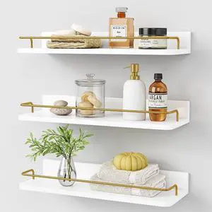 Gold Floating Shelves for Wall Decor Set of 3, Bathroom Shelves Over Toilet, Modern Display Wall Shelf with Guard Rail for Living Room Bedroom Organizers and Storage - White and Gold Gold Floating Shelves for Wall Decor Set of 3, Bathroom Shelves Over Toilet, Modern Display Wall Shelf with Guard Rail for Living Room Bedroom Organizers and Storage - White and Gold