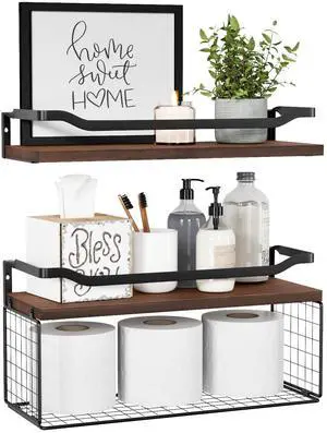 Floating Shelves with Wire Storage Basket, Bathroom Shelves Over Toilet with Protective Metal Guardrail, Wood Wall Shelves for Bathroom, Bedroom, Living Room, Toilet Paper- Dark Brown Floating Shelves with Wire Storage Basket, Bathroom Shelves Over Toilet with Protective Metal Guardrail, Wood Wall Shelves for Bathroom, Bedroom, Living Room, Toilet Paper- Dark Brown