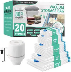20 Pack Vacuum Storage Bags with Electric Pump, Vacuum Seal Bags for Clothing, Pillows, Blanket Bedding Comforters 20 Pack Vacuum Storage Bags with Electric Pump, Vacuum Seal Bags for Clothing, Pillows, Blanket Bedding Comforters