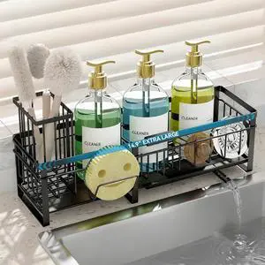Extra Large Extendable Sponge Holder for Kitchen Sink, Rustproof Sink Caddy Organizer with High Brush Holder, Dish Soap Dispenser Organizers and Storage (Black) Extra Large Extendable Sponge Holder for Kitchen Sink, Rustproof Sink Caddy Organizer with High Brush Holder, Dish Soap Dispenser Organizers and Storage (Black)