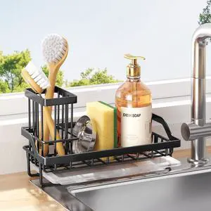 Sponge Holder for Kitchen Sink - Kitchen Sink Caddy Organizer with Removable Drip Tray for Countertop Dish Soap Dispenser Brush Storage Accessories 304 Stainless Steel - Black Sponge Holder for Kitchen Sink - Kitchen Sink Caddy Organizer with Removable Drip Tray for Countertop Dish Soap Dispenser Brush Storage Accessories 304 Stainless Steel - Black