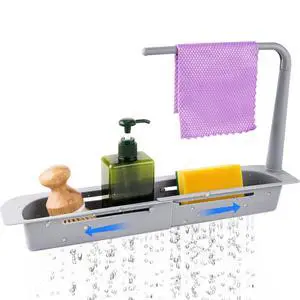 Telescopic Kitchen Over Sink Organizer with Towel Hanger, Expandable Slim Drain Basket Multifunctional Caddy Adjustable Length Colander Rack Sponge Holder Storage Tray for Home Bathroom (Grey) Telescopic Kitchen Over Sink Organizer with Towel Hanger, Expandable Slim Drain Basket Multifunctional Caddy Adjustable Length Colander Rack Sponge Holder Storage Tray for Home Bathroom (Grey)