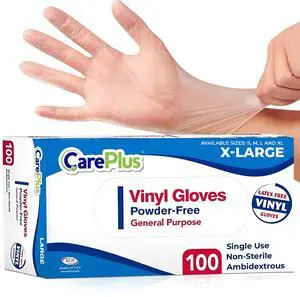 CARE PLUS Latex-Free Vinyl Gloves Clear Extra Large Size 100 Count | Heavy Duty, Non-Sterile, Powder-Free, Rubber | Food Prep, Kitchen & Cleaning Gloves, Ideal for Professional Use CARE PLUS Latex-Free Vinyl Gloves Clear Extra Large Size 100 Count | Heavy Duty, Non-Sterile, Powder-Free, Rubber | Food Prep, Kitchen & Cleaning Gloves, Ideal for Professional Use