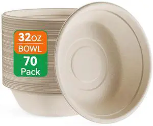 32 OZ Large Compostable Disposable Paper Bowls, 70 Pack Biodegradable Bagasse Eco-Friendly Sugarcane Bowls for Soup, Salad, Ramen, Popcorn(Nature) 32 OZ Large Compostable Disposable Paper Bowls, 70 Pack Biodegradable Bagasse Eco-Friendly Sugarcane Bowls for Soup, Salad, Ramen, Popcorn(Nature)