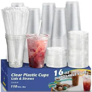 Disposable Clear Plastic Cups with Lids and Straws,110 Pack,16 oz Disposable Clear Plastic Cups with Lids and Straws,110 Pack,16 oz
