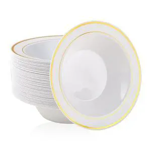 50PCS Plastic Bowls with Gold Rim-12oz disposable Soup Bowls, Christmas Thanksgiving Premium Dessert Salad Bowl for Wedding/Party 50PCS Plastic Bowls with Gold Rim-12oz disposable Soup Bowls, Christmas Thanksgiving Premium Dessert Salad Bowl for Wedding/Party