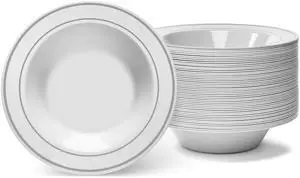 Silver Rimmed White Bowls - 12 oz, 50 Count - Hard Plastic - Disposable or Reusable - Dessert, Salad, Cereal, Pasta Bowls - Ideal for Weddings, Parties & More! Silver Rimmed White Bowls - 12 oz, 50 Count - Hard Plastic - Disposable or Reusable - Dessert, Salad, Cereal, Pasta Bowls - Ideal for Weddings, Parties & More!