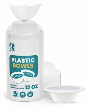 Plastic Bowls - 100 Count Microwavable Disposable Bowls - Strong Heavy Duty And Sturdy White Plastic Bowls Disposable (12 OZ, 100) Plastic Bowls - 100 Count Microwavable Disposable Bowls - Strong Heavy Duty And Sturdy White Plastic Bowls Disposable (12 OZ, 100)