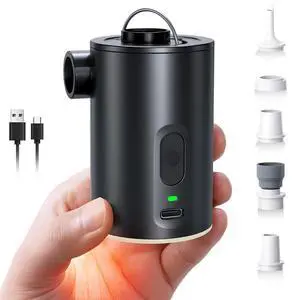 Portable Air Pump for Inflatables, Ultra-Mini Air Mattress Pump 4X with Camping Light & 5 Nozzles, 1600mAh USB Rechargeable, Quick Inflate Deflate for Pool Floats, Swim Rings, Vacuum Portable Air Pump for Inflatables, Ultra-Mini Air Mattress Pump 4X with Camping Light & 5 Nozzles, 1600mAh USB Rechargeable, Quick Inflate Deflate for Pool Floats, Swim Rings, Vacuum