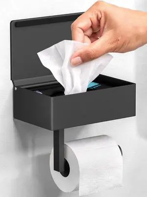 Matte Black Toilet Paper Holder with Shelf & Wipe Storage, Bathroom Roll Holder with Built-in Wipe & Tampon Holder, Wall Mounted Flushable Wipe Matte Black Toilet Paper Holder with Shelf & Wipe Storage, Bathroom Roll Holder with Built-in Wipe & Tampon Holder, Wall Mounted Flushable Wipe