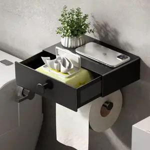 Toilet Paper Holder with Shelf Black Wipes Dispenser for Bathroom Toilet Paper Holder with Storage Upgrade Drawer Design Toilet Tissue Holder Adhesive Small Bathroom Shelf Wall Mount Toilet Paper Holder with Shelf Black Wipes Dispenser for Bathroom Toilet Paper Holder with Storage Upgrade Drawer Design Toilet Tissue Holder Adhesive Small Bathroom Shelf Wall Mount