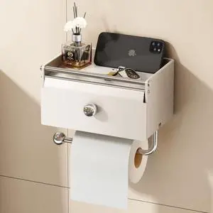 Toilet Paper Holder with Shelf, Flushable Wipes Dispenser for Bathroom, Adhesive Toilet Paper Roll Holder with Storage Wall Mount Stick On Bathroom Tissue Holder Front Flip Design (Matte White) Toilet Paper Holder with Shelf, Flushable Wipes Dispenser for Bathroom, Adhesive Toilet Paper Roll Holder with Storage Wall Mount Stick On Bathroom Tissue Holder Front Flip Design (Matte White)