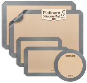 Silicone Baking Mat, Extra-Thick Platinum Silicone, Non-Stick Food Grade Baking Sheet Liners Set of 5, Reusable Dishwasher Safe, 2 Half Sheet + 2 Quarter Sheet + 1 Round 9" Silicone Baking Mat, Extra-Thick Platinum Silicone, Non-Stick Food Grade Baking Sheet Liners Set of 5, Reusable Dishwasher Safe, 2 Half Sheet + 2 Quarter Sheet + 1 Round 9"