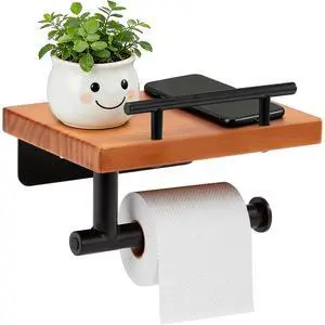 Toilet Paper Holder with Wood Shelf, Wall Mount Toilet Paper Roll Holder with Wooden Shelf and Matte Black Stainless Steel Pipe, Tissue Roll Holder for Bathroom Washroom (Light Brown, 7.9'' x 5.9'') Toilet Paper Holder with Wood Shelf, Wall Mount Toilet Paper Roll Holder with Wooden Shelf and Matte Black Stainless Steel Pipe, Tissue Roll Holder for Bathroom Washroom (Light Brown, 7.9'' x 5.9'')