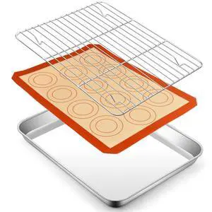 12.5 Inch Baking Oven Sheet Pan with Rack & Mat for Cookie, Stainless Steel Oven Sheet Tray Cooling Rack and Silicone Mat for Baking & Roasting, Dishwasher Safe & Healthy, 3Pcs 12.5 Inch Baking Oven Sheet Pan with Rack & Mat for Cookie, Stainless Steel Oven Sheet Tray Cooling Rack and Silicone Mat for Baking & Roasting, Dishwasher Safe & Healthy, 3Pcs