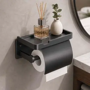 Upgrade Toilet Paper Holder with Shelf, Self-Adhesive Tissue Roll Holder Wall Mount RV Washroom Bathroom Toilet Roll Holder with Cover (Black with Cap) Upgrade Toilet Paper Holder with Shelf, Self-Adhesive Tissue Roll Holder Wall Mount RV Washroom Bathroom Toilet Roll Holder with Cover (Black with Cap)