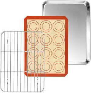 10.4 Inch Baking Oven Sheet Pan with Rack & Mat for Cookie, Stainless Steel Oven Sheet Tray Cooling Rack and Silicone Mat for Baking & Roasting, Dishwasher Safe & Healthy, 3Pcs 10.4 Inch Baking Oven Sheet Pan with Rack & Mat for Cookie, Stainless Steel Oven Sheet Tray Cooling Rack and Silicone Mat for Baking & Roasting, Dishwasher Safe & Healthy, 3Pcs