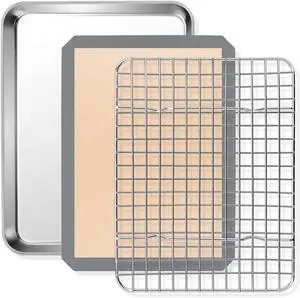 9 x 7 x 1 Inch Toaster Oven Pan with Grid Rack and Silicone Mat, Stainless Steel Toaster Oven Tray Baking Pan with Cooling Roasting Rack, Dishwasher Safe (3Pcs) 9 x 7 x 1 Inch Toaster Oven Pan with Grid Rack and Silicone Mat, Stainless Steel Toaster Oven Tray Baking Pan with Cooling Roasting Rack, Dishwasher Safe (3Pcs)