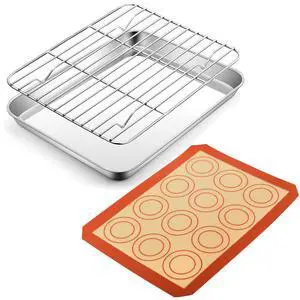 9 Inch Baking Oven Sheet Pan with Rack & Mat for Cookie, Stainless Steel Oven Sheet Tray Cooling Rack and Silicone Mat for Baking & Roasting, Dishwasher Safe & Healthy, 3Pcs 9 Inch Baking Oven Sheet Pan with Rack & Mat for Cookie, Stainless Steel Oven Sheet Tray Cooling Rack and Silicone Mat for Baking & Roasting, Dishwasher Safe & Healthy, 3Pcs