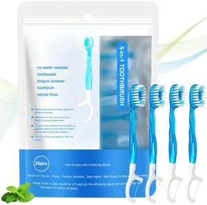 26pcs 5-in-1 Mini Disposable Toothbrushes with Toothpaste, Tongue Scraper, Floss & Toothpick/Ready-to-Go Travel Size/Fluoride Free, No Rinsing,Individually Wrapped/Soft (Mint) 26pcs 5-in-1 Mini Disposable Toothbrushes with Toothpaste, Tongue Scraper, Floss & Toothpick/Ready-to-Go Travel Size/Fluoride Free, No Rinsing,Individually Wrapped/Soft (Mint)