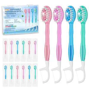 5-in-1 Disposable Toothbrush with Toothpaste(12 Pack), Individually Wrapped Mini Travel Toothbrush, Soft Bristles, Dental Floss, Toothpick & Tongue Scraper, No Water Needed, 4 Flavors 5-in-1 Disposable Toothbrush with Toothpaste(12 Pack), Individually Wrapped Mini Travel Toothbrush, Soft Bristles, Dental Floss, Toothpick & Tongue Scraper, No Water Needed, 4 Flavors