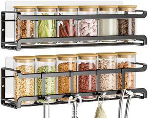 Spice Rack Wall Mounted 2 Pack, Black,11.41x2.75x2.75in | 2 Removalble Hooks,Screw or Adhesive Hanging,Space-Saving,For Kitchen Cabinet, Pantry Door,Stove,RV Spice Rack Wall Mounted 2 Pack, Black,11.41x2.75x2.75in | 2 Removalble Hooks,Screw or Adhesive Hanging,Space-Saving,For Kitchen Cabinet, Pantry Door,Stove,RV