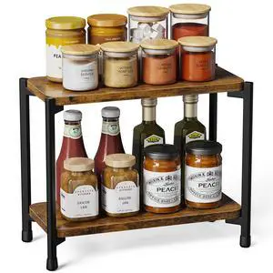 2 Tier Spice Rack Organizer for Kitchen Countertop, Wood and Metal Seasoning Shelf, Space-Saving Spice Organizer for Kitchen Counter, Coffee Bar and Dining Table, Brown 2 Tier Spice Rack Organizer for Kitchen Countertop, Wood and Metal Seasoning Shelf, Space-Saving Spice Organizer for Kitchen Counter, Coffee Bar and Dining Table, Brown