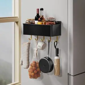Magnetic Spice Rack for Refrigerator Large Magnet Shelf for Fridge Kitchen Organizer and Storage with 5 Removable Golden Hooks Magnetic Spice Rack for Refrigerator Large Magnet Shelf for Fridge Kitchen Organizer and Storage with 5 Removable Golden Hooks