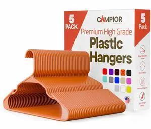 Plastic Clothes Hangers Heavy Duty Hanger Set, for Organizing Clothes, Dresses, and Coat, Holds Up to 5 lbs, Space-Saving Hangers with Non-Slip Shoulder Grooves, Pack of 5, Orange Plastic Clothes Hangers Heavy Duty Hanger Set, for Organizing Clothes, Dresses, and Coat, Holds Up to 5 lbs, Space-Saving Hangers with Non-Slip Shoulder Grooves, Pack of 5, Orange