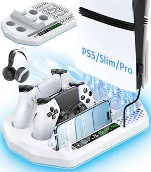 Cooling Station with Controller Charger for PS5/Slim/Pro, PlayStation 5 Vertical Stand for Disc & Digital Console, Dual PS 5 Controller Charging Station with 3 Level Cooling Fan, PS5 Accessory Kit Cooling Station with Controller Charger for PS5/Slim/Pro, PlayStation 5 Vertical Stand for Disc & Digital Console, Dual PS 5 Controller Charging Station with 3 Level Cooling Fan, PS5 Accessory Kit