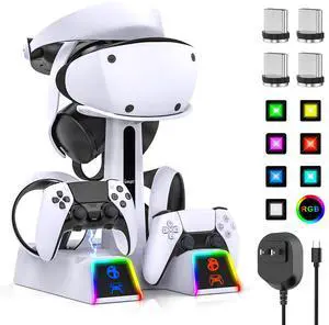 RGB Controller Charging Station for PS VR2 / PS5 / PS5 Edge with 5V/3A Adapter & 10 Led Light, Wireless Controller Charger Dock for PlayStation 5, Charging Stand with VR2 Headset Holder RGB Controller Charging Station for PS VR2 / PS5 / PS5 Edge with 5V/3A Adapter & 10 Led Light, Wireless Controller Charger Dock for PlayStation 5, Charging Stand with VR2 Headset Holder