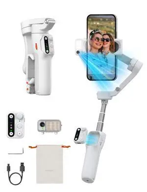 iSteady V3 Phone Gimbal Stabilizer, Magnetic AI Tracking Sensor with Fill Light, Detachable Remote Control, Built-in Extension Rod and Tripod, Foldable 3-axis Stabilization Gimbal, White iSteady V3 Phone Gimbal Stabilizer, Magnetic AI Tracking Sensor with Fill Light, Detachable Remote Control, Built-in Extension Rod and Tripod, Foldable 3-axis Stabilization Gimbal, White