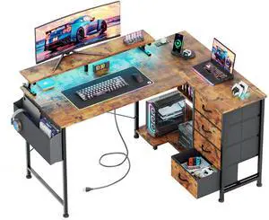 47" Reversible L Shaped Gaming Computer Desk, Corner Desk with Power Outlets & Monitor Stand, Writing Study Table with 4 Storage Drawers, Desk with LED Lights, Rustic Brown 47" Reversible L Shaped Gaming Computer Desk, Corner Desk with Power Outlets & Monitor Stand, Writing Study Table with 4 Storage Drawers, Desk with LED Lights, Rustic Brown