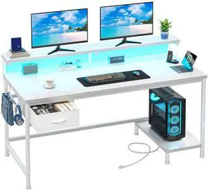 39.3Inch Computer Desk with Power Outlet & Drawer,Gaming Desk with CPU Stand& LED Lights,Corner Office Desk with Ergonomic Monitor Stand for Home Work, Study and Gaming, Small Spaces,White 39.3Inch Computer Desk with Power Outlet & Drawer,Gaming Desk with CPU Stand& LED Lights,Corner Office Desk with Ergonomic Monitor Stand for Home Work, Study and Gaming, Small Spaces,White
