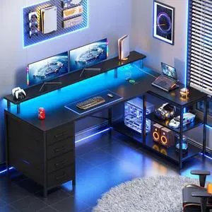 L Shaped Desk with 4 Drawers and Storage Shelves, L Shaped Gaming Desk with LED Lights & Power Outlets, Computer Desk with Shelves & Drawer, Corner Desk Home Office Desk, Black L Shaped Desk with 4 Drawers and Storage Shelves, L Shaped Gaming Desk with LED Lights & Power Outlets, Computer Desk with Shelves & Drawer, Corner Desk Home Office Desk, Black