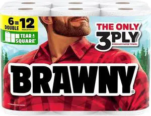 Brawny Tear-A-Square 3-Ply Paper Towels, 6 Double Rolls = 12 Regular Rolls (3 Packs of 2) Brawny Tear-A-Square 3-Ply Paper Towels, 6 Double Rolls = 12 Regular Rolls (3 Packs of 2)