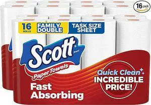 Scott Paper Towels, Task Size, 16 Family Double Rolls, 119 Sheets Per Roll Scott Paper Towels, Task Size, 16 Family Double Rolls, 119 Sheets Per Roll