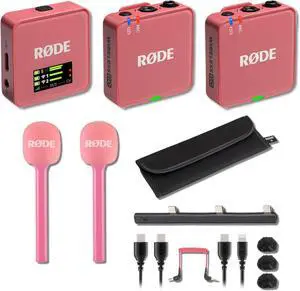 Rode Wireless GO (Gen 3) Compact Wireless Microphone System (Rose) with 2X Pink Interview GO Handheld Adapters Rode Wireless GO (Gen 3) Compact Wireless Microphone System (Rose) with 2X Pink Interview GO Handheld Adapters