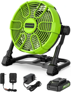 Greenworks 24V 10" (5-Speed) Fan (500 CFM), Hybrid (AC/DC), 2.0 Ah USB (Power Bank) Battery and Charger Included Greenworks 24V 10" (5-Speed) Fan (500 CFM), Hybrid (AC/DC), 2.0 Ah USB (Power Bank) Battery and Charger Included