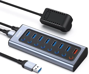 BENFEI 8-Port USB Hub with Power Adapter, USB Splitter Hub(7 Faster Data Transfer Ports + 1 Smart Charging Port) with Individual LED On/Off Switches BENFEI 8-Port USB Hub with Power Adapter, USB Splitter Hub(7 Faster Data Transfer Ports + 1 Smart Charging Port) with Individual LED On/Off Switches