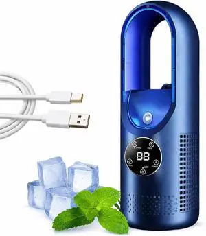 6-Speed Bladeless Electric Fan with Light, USB Personal Mist Fan Portable Desktop Cooling, 100ml Water Tank, 7-Color Night Light & Timer, for Bedroom Office Dorm (Blue) 6-Speed Bladeless Electric Fan with Light, USB Personal Mist Fan Portable Desktop Cooling, 100ml Water Tank, 7-Color Night Light & Timer, for Bedroom Office Dorm (Blue)