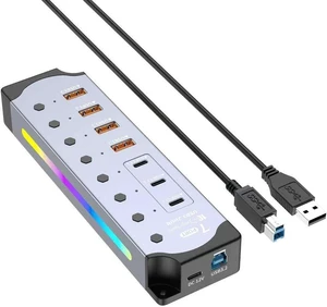 Powered USB Hub 10Gbps, USB 3.2 7-Port USB-C & USB-A Hub with Individual On/Off Switches and 12V Power Adapter US Plug Powered USB Hub 10Gbps, USB 3.2 7-Port USB-C & USB-A Hub with Individual On/Off Switches and 12V Power Adapter US Plug