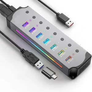 7 in 1 USB 3 0 Hub with Individual Power Switches RGB Aluminum Gaming USB Splitter Compatible with Laptop PC 7 in 1 USB 3 0 Hub with Individual Power Switches RGB Aluminum Gaming USB Splitter Compatible with Laptop PC
