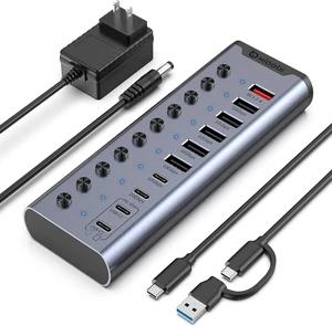 Powered USB Hub, 10-Port USB C Hub with 6*USB-A 3.2, 4*USB-C 3.2 Ports, 2 PD 45W Charging Ports Individual Switches and 24V/3A Power Adapter, USB Extension for MacBook, PC and More. Powered USB Hub, 10-Port USB C Hub with 6*USB-A 3.2, 4*USB-C 3.2 Ports, 2 PD 45W Charging Ports Individual Switches and 24V/3A Power Adapter, USB Extension for MacBook, PC and More.