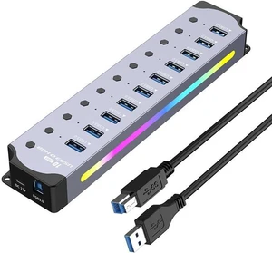 10-in-1 USB 3.0 Powered for Hub with Individual Port Switches, RGB for Lighting & Active Cooling Design, DC 5V Adapter Gray 10-in-1 USB 3.0 Powered for Hub with Individual Port Switches, RGB for Lighting & Active Cooling Design, DC 5V Adapter Gray